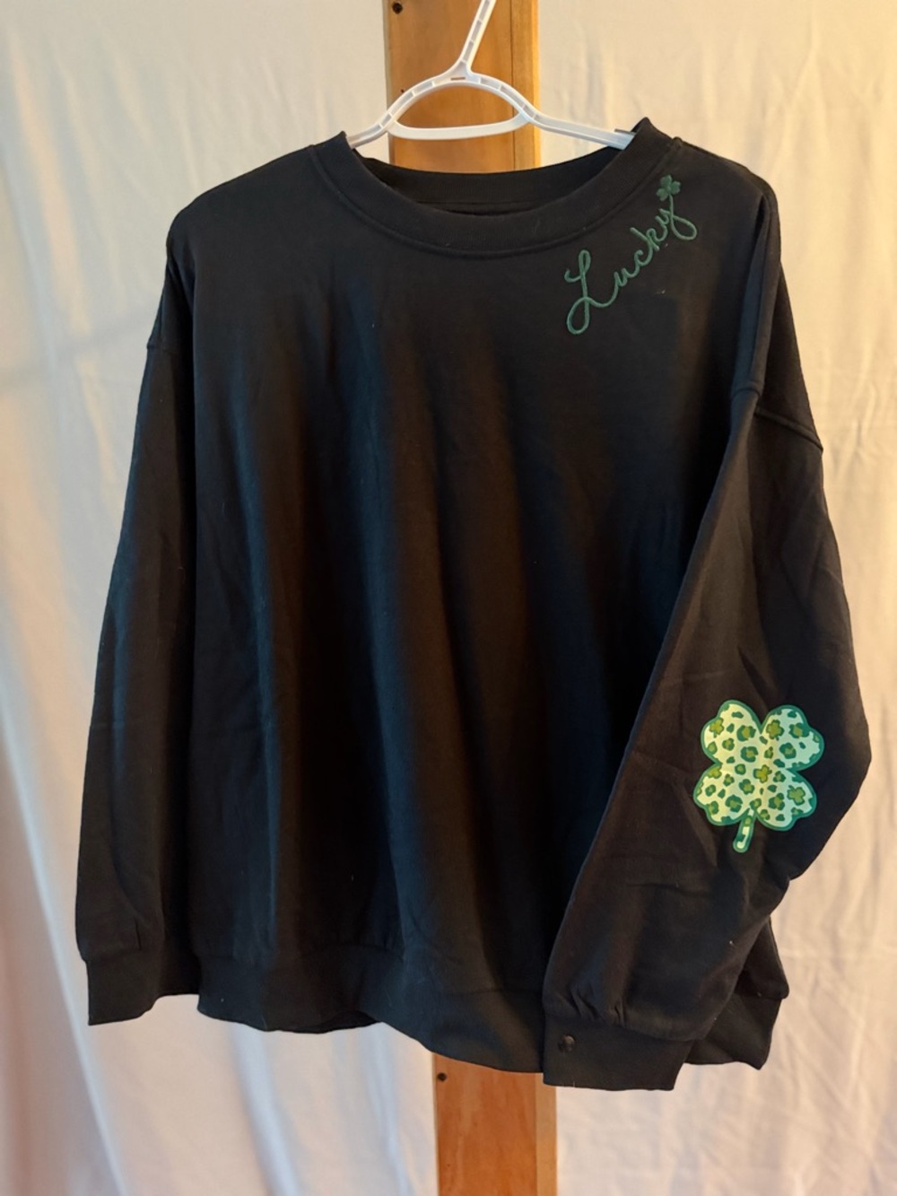 Black 'Lucky' Sweatshirt with Green Shamrock Detail